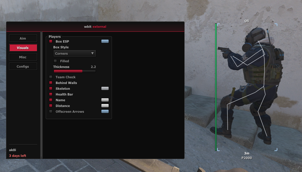 WBIT CS2 ESP showcase - Box ESP, Skeleton, Health Bar, Name, Distance, and in-game menu